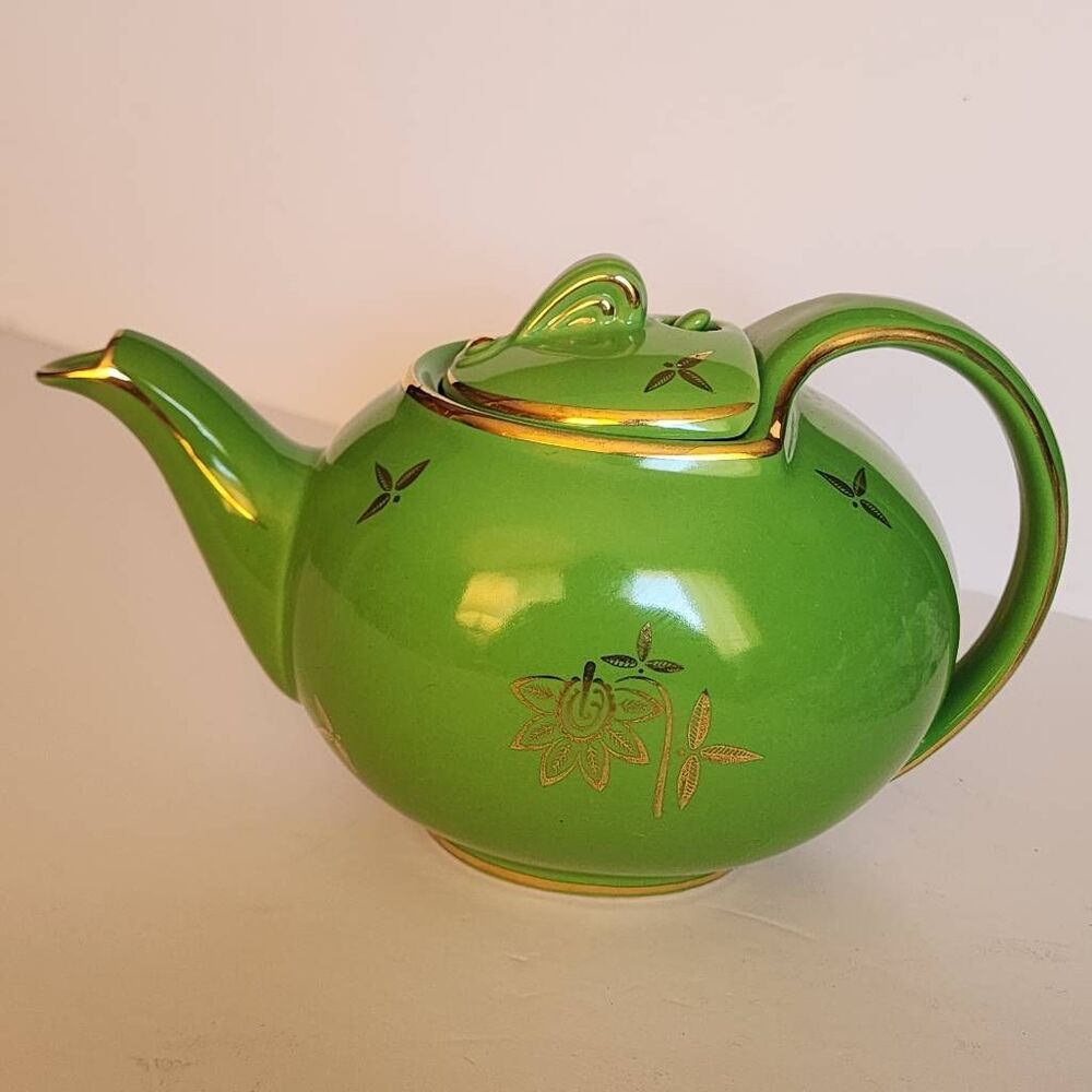 Vintage Hall China Art Deco Tea Pot 6Cup Green Glaze And Gold Floral Trim and Ac